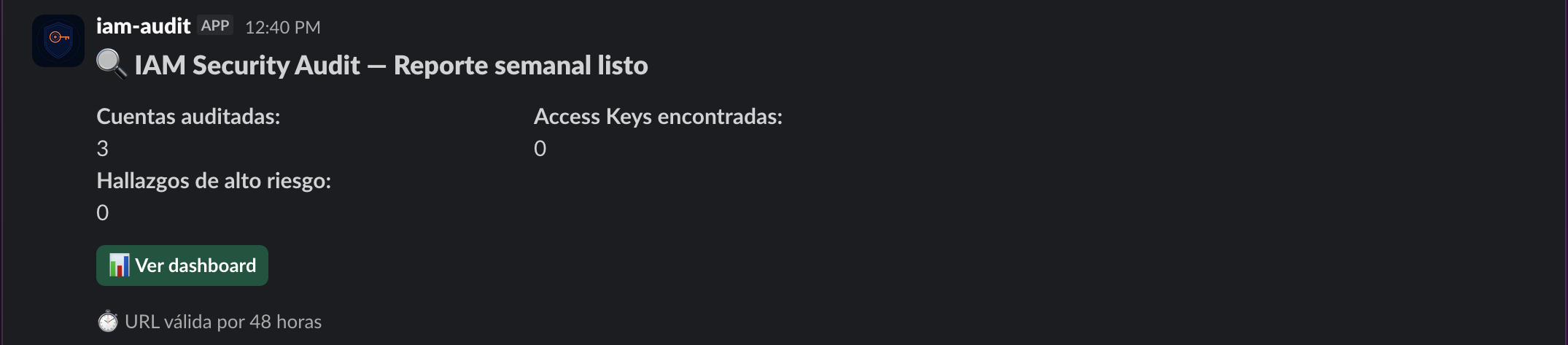 Notificación de iam-audit llegando a Slack con el presigned URL del reporte